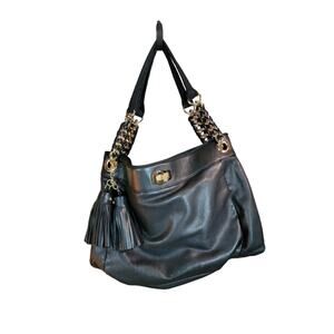 Ann Taylor Black Leather Gold Chain Ribbon Tassel Handbag Purse Turnlock Clasp